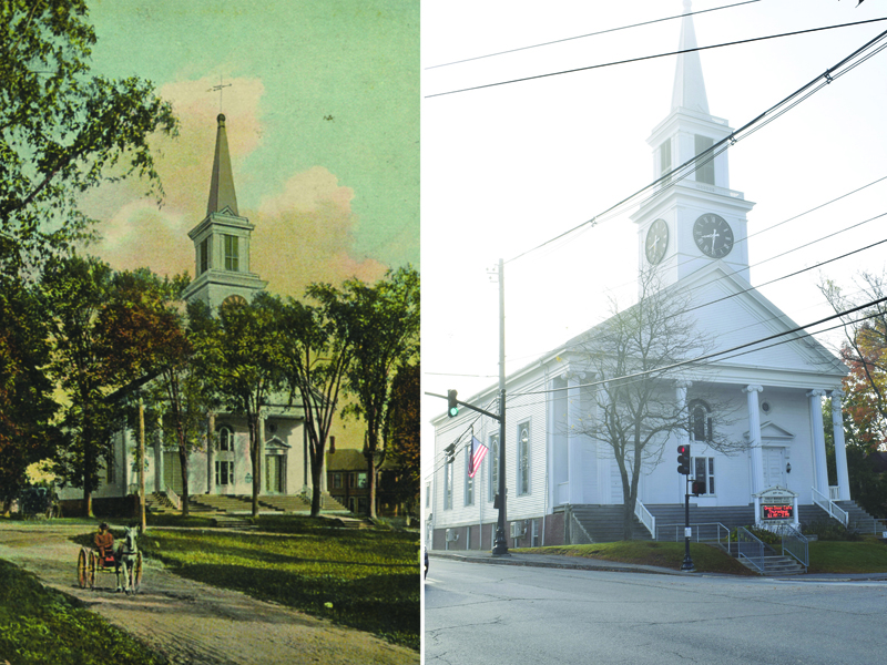 The Damariscotta Baptist Church circa 1910 and on Wednesday, Oct. 16, 2019. The church is celebrating its bicentennial. (Postcard courtesy Marjorie and Calvin Dodge collection/Evan Houk photo)