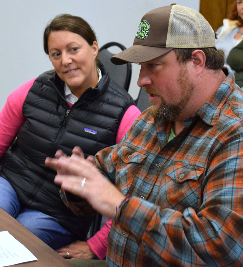 Oysterhead Pizza Co. owners Rachel and Alex Nevens explain their new venture to the Damariscotta Board of Selectmen on Wednesday, Oct. 2. They plan a "soft opening" during the Oct. 11-14 holiday weekend. (Evan Houk photo)