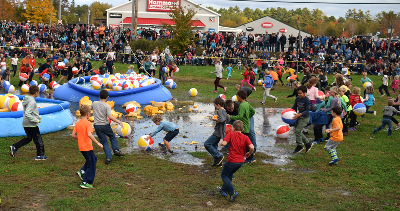 Kids rush in to play with beach balls and pumpkin debris after the giant pumpkin drop at Round Top Farm on Sunday, Oct. 13. (Evan Houk photo)