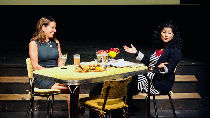Chef Melissa Kelly (left) chats with host Cherie Scott at the inaugural Talking Food in Maine: Intimate Conversations event at Lincoln Theater on the evening of Thursday, Sept. 26. (Photo courtesy Cherie Scott)