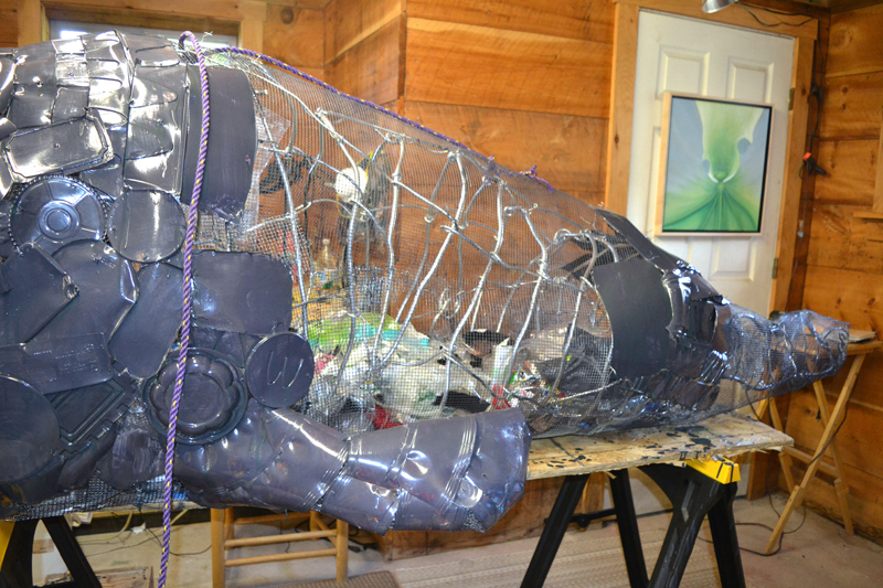 "Seamore Plastic" from the neck down. The entire body of Marnie Sinclair's seal sculpture measures 8 feet, 4 inches long by 3 feet high and 4 feet, 2 inches wide. Here, the viewer gets a look at the plastic garbage inside his stomach, a comment by the artist on the amount of plastic that ends up in the oceans. (Christine LaPado-Breglia photo)
