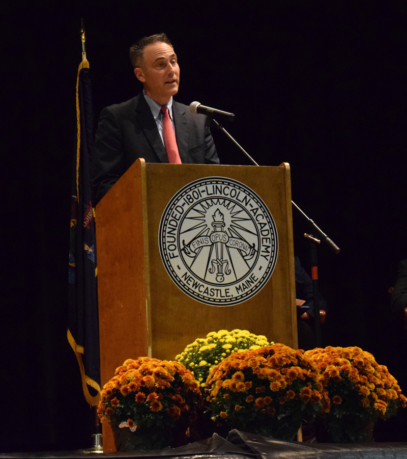 Lincoln Academy Head of School Jeffrey S. Burroughs speaks during his installation ceremony in the Nelson Bailey Gymnasium on Saturday, Oct. 5. (Evan Houk photo)