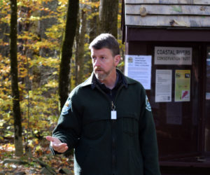 Stephen Richardson, senior forest engineer with the Maine Bureau of Parks and Lands, speaks about an upcoming timber harvest at Dodge Point in Newcastle during a meeting at the property Friday, Oct. 18. (Jessica Clifford photo)