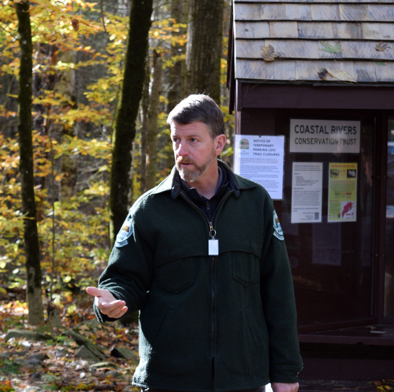 Stephen Richardson, senior forest engineer with the Maine Bureau of Parks and Lands, speaks about an upcoming timber harvest at Dodge Point in Newcastle during a meeting at the property Friday, Oct. 18. (Jessica Clifford photo)