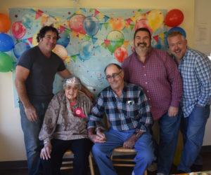 Marion Griffin celebrates her 100th birthday with family at Waldoboro Green on Tuesday, Oct. 15. From left, Michael Blake, Griffin, Jim Blake, Scott Blake, and Wayne Sprague. (Alexander Violo photo)