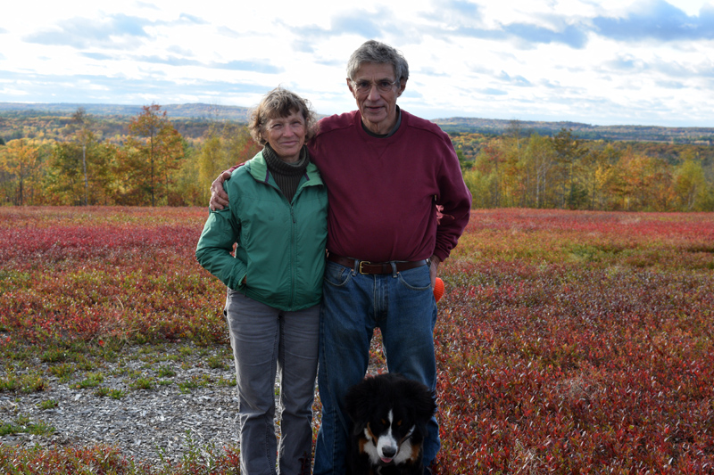 Marianne and Tony Marple with their dog, Max, in their blueberry field. (Jessica Clifford photo)