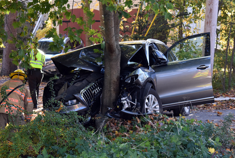 An Audi SUV was totaled in a single-vehicle crash on Route 1 in Wiscasset the afternoon of Saturday, Oct. 26. (Alexander Violo photo)