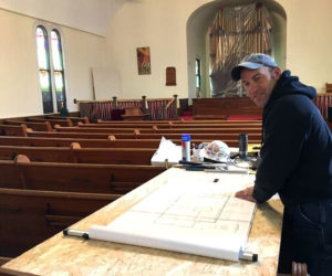 Marc Leblond, a job superintendent for H.E. Callahan Construction, of Auburn, has set up headquarters in the back of the Broad Bay Congregational Church sanctuary. While the groundbreaking for the church renovation is set for Nov. 8, some demolition work is expected to start this week.