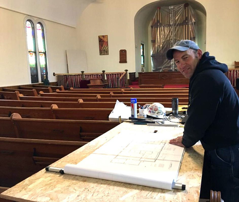 Marc Leblond, a job superintendent for H.E. Callahan Construction, of Auburn, has set up headquarters in the back of the Broad Bay Congregational Church sanctuary. While the groundbreaking for the church renovation is set for Nov. 8, some demolition work is expected to start this week.