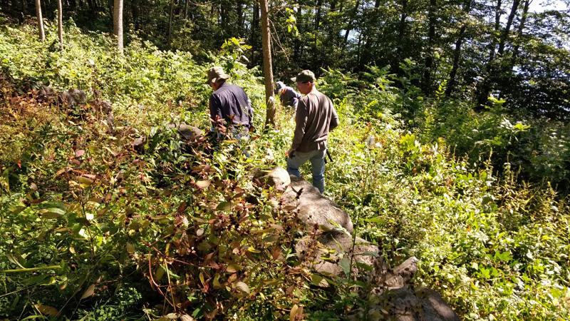 Several Newcastle Historical Society members as well local residents work on cemetery restoration at a historic burying ground on River Road.