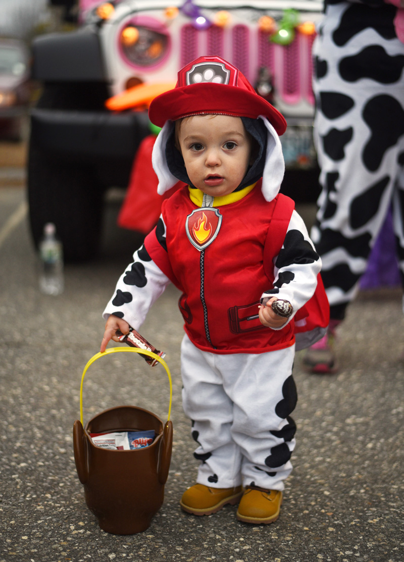 Camden Gordon, 1, collects candy in his Paw Patrol costume at Damariscotta's trunk-or-treat Wednesday, Oct. 31, 2018. (LCN file photo)