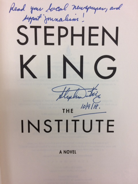 An eBay auction of a copy of Stephen King's "The Institute" with a unique inscription from the author will benefit scholarships for journalism students in Maine.