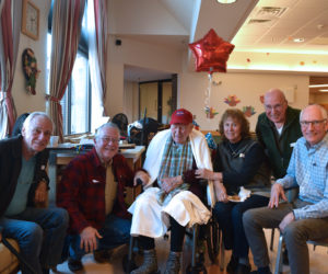 Kenneth Chaney celebrates his birthday with his children at the Maine Veterans' Home in Augusta on Friday, Nov. 15. From left: Dennis, Michael, and Kenneth Chaney; Nancy Hanna; and Steve and Larry Chaney. (Jessica Clifford photo)