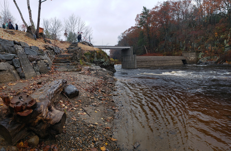 A panoramic view of the Head Tide Dam modification project after the dedication ceremony Thursday, Oct. 31, featuring the new overlook, step pathway, and retaining wall. (Jessica Clifford photo)