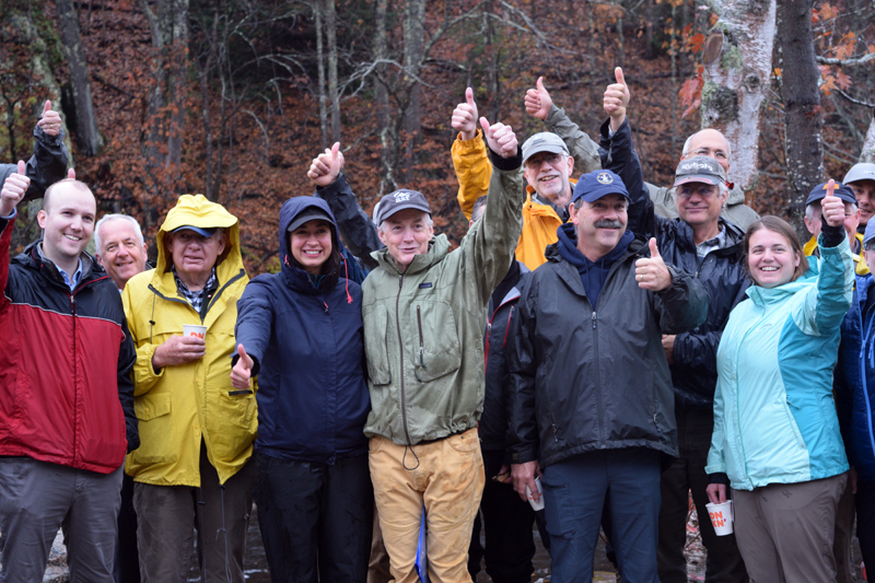 Some of the crowd at the Head Tide Dam dedication gives a thumbs up to the nearly complete project. (Jessica Clifford photo)