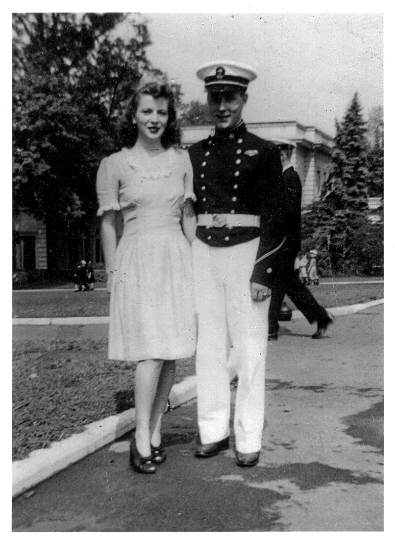 Lyn and Bill Connell at the U.S. Merchant Marine Academy in 1944, shortly after they met. They married in 1945.