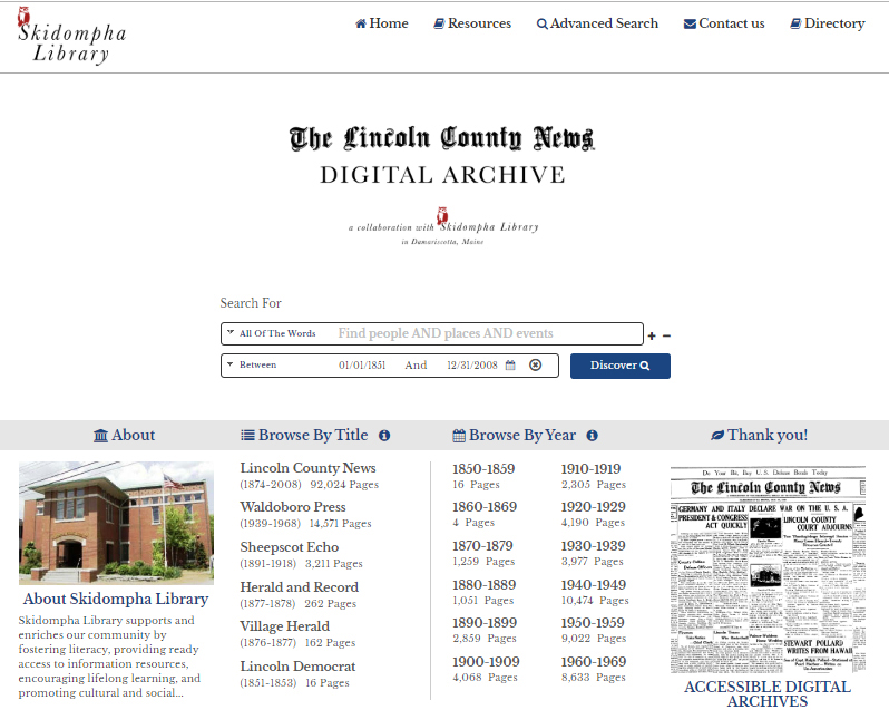A screenshot of the homepage for The Lincoln County News digital archive, hosted by Skidompha Library.