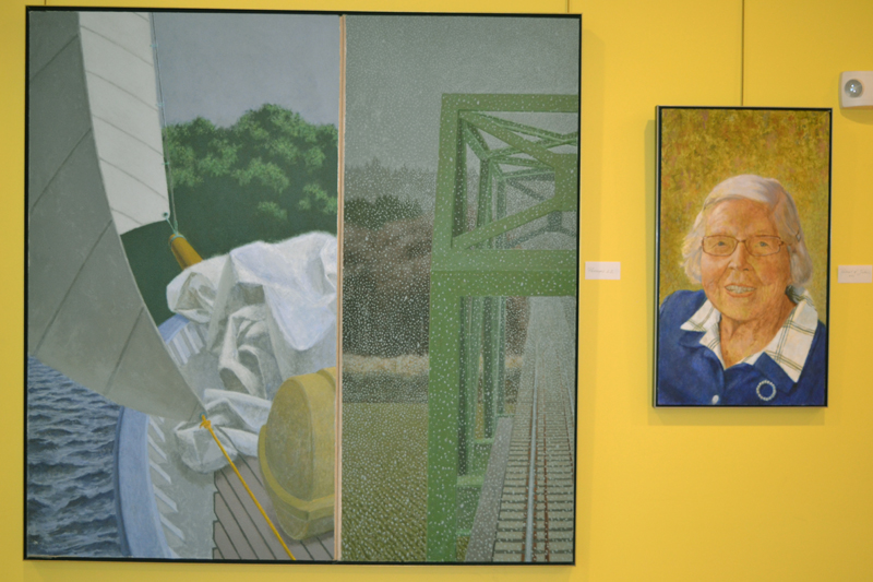 Winslow Myers' paintings "Passages 22" (left) and "Portrait of Julia" are part of his current exhibit on the walls of the Central Lincoln County YMCA in Damariscotta, running through Dec. 22. (Christine LaPado-Breglia photo)