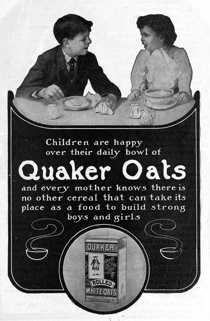 A 1905 ad for Quaker Oats, the first registered trademark for breakfast cereal and one of the oldest, most well-known brands. "From the clothes you wear, to your favorite sports team's logo, to the media you consume (movies, music, television shows, etc.), right down to the bottle of shampoo you buy at the store, artists are reaching out to you every step of the way," says LCN graphic designer Amber Clark.