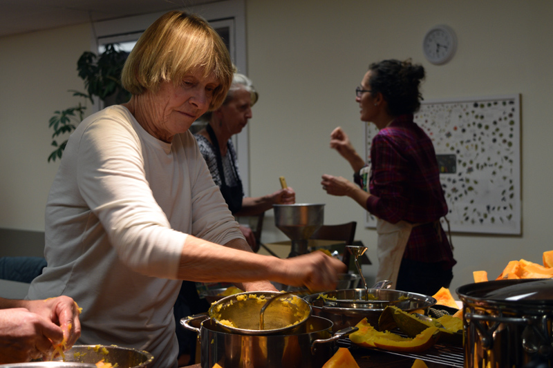 Lincoln County Gleaners volunteer Joan Magnusson purees pumpkin. (Jessica Clifford photo)