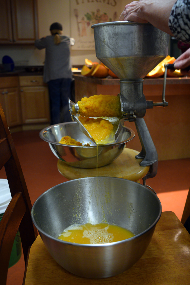 A machine processes pumpkin. (Jessica Clifford photo)