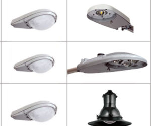 A diagram of LED streetlight fixtures with a decorative fixture at bottom right. Waldoboro will install 12 of the decorative fixtures downtown. (Image courtesy Max Johnstone)