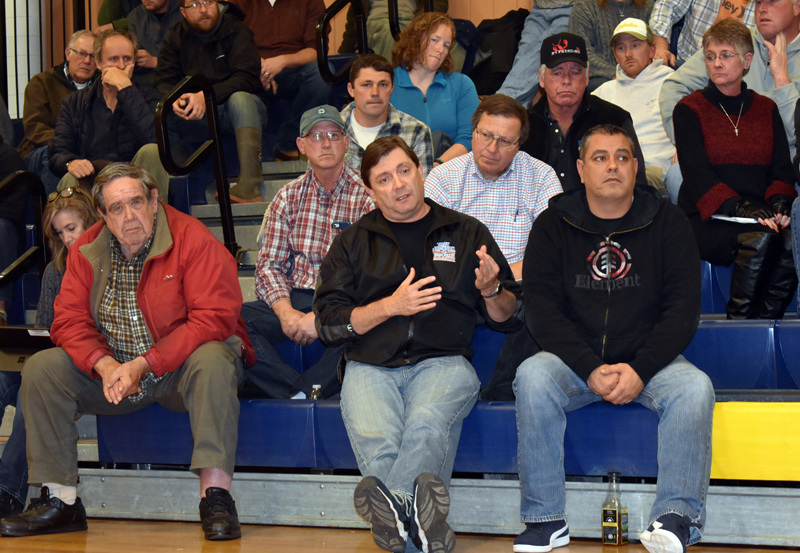 Maine Senate President Troy Jackson, D-Allagash, talks about how the Legislature can advocate for lobstermen with federal regulators during a meeting at Medomak Middle School in Waldoboro on Tuesday, Nov. 5. (Alexander Violo photo)