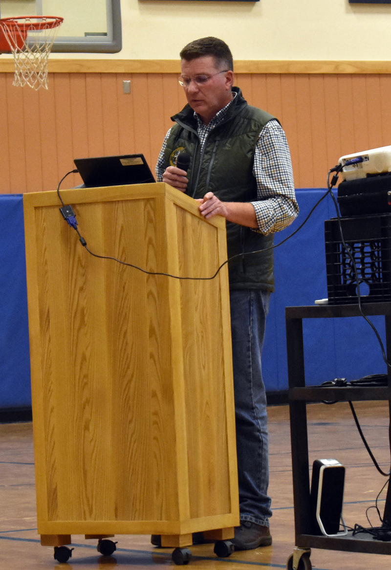 Maine Department of Marine Resources Commissioner Patrick Keliher speaks at Medomak Middle School in Waldoboro on Tuesday, Nov. 5. (Alexander Violo photo)