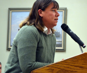 Dr. Holly Noble, a veterinarian, addresses the Wiscasset Planning Board on Monday, Nov. 25. The board approved Noble's plan to open a veterinary hospital in the former Coastal Veterinary Care building. (Charlotte Boynton photo)