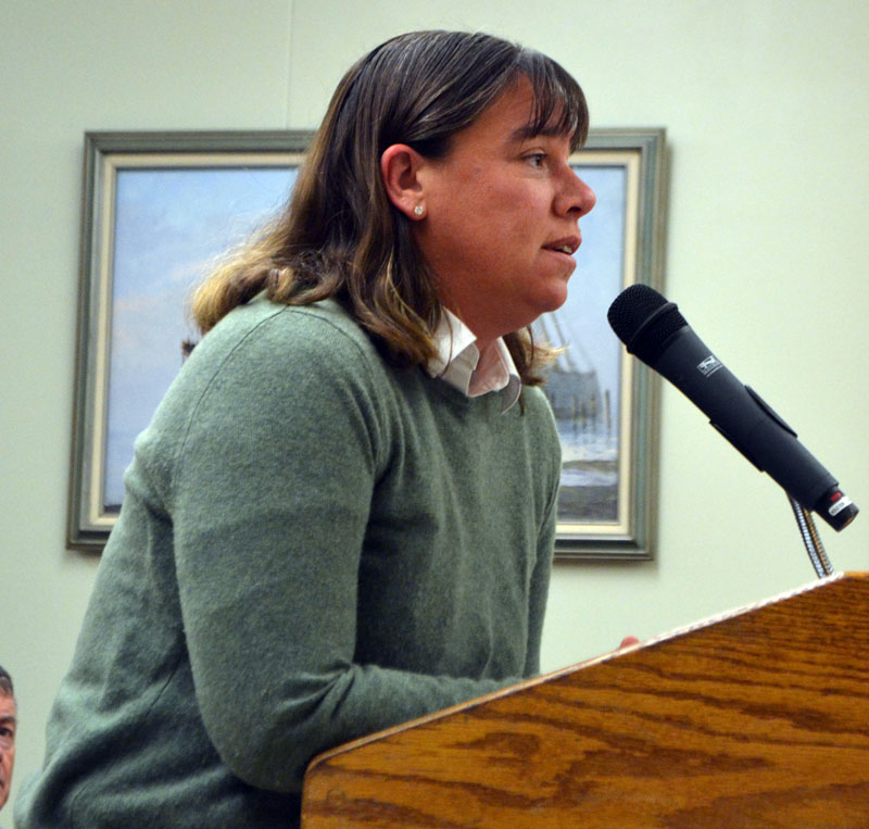 Dr. Holly Noble, a veterinarian, addresses the Wiscasset Planning Board on Monday, Nov. 25. The board approved Noble's plan to open a veterinary hospital in the former Coastal Veterinary Care building. (Charlotte Boynton photo)