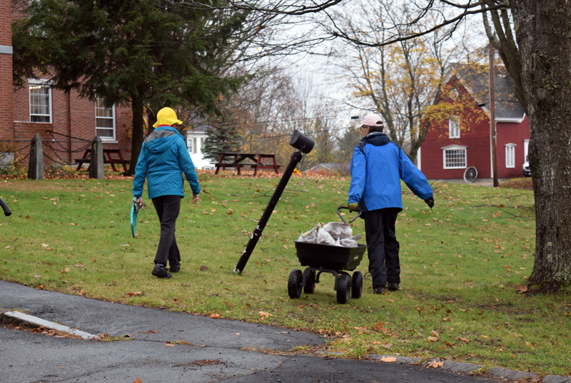 Volunteers walk across the courthouse lawn with a wagon to plant daffodil bulbs. (Jessica Clifford photo)