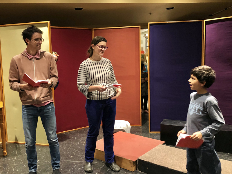 Allison Eddyblouin and Mike Lee laugh with Davis Awamleh in a scene from the Â“The Best Christmas Pageant Ever.Â”