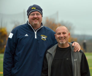 Although rivals in the playing arena, athletic directors Matt Lash (left), of Medomak Valley High School in Waldoboro, and K.J. Anastasio, of Lincoln Academy in Newcastle, are generous in sharing their facilities with each other for the betterment of both schools. (Paula Roberts photo)