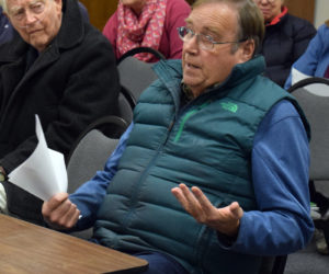 Medical marijuana caregiver David Page, of Damariscotta, addresses the Damariscotta Board of Selectmen during a public hearing about permit fees for new marijuana establishments Wednesday, Dec. 4. (Evan Houk photo)