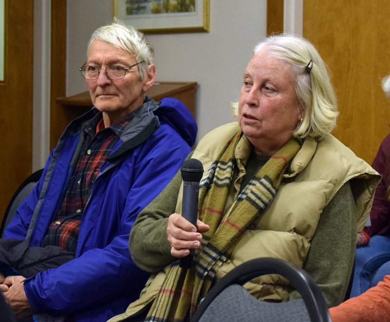 Paul and Cynthia Sherman, of Pleasant Street, bring their concerns about the amount of salt used on the road to the Damariscotta Board of Selectmen on Wednesday, Dec. 18. (Evan Houk photo)