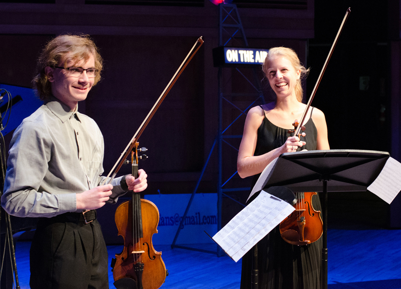 Joshua Rosenthal, a 16-year-old violinist who lives in Damariscotta, performs a duet with Josie Davis, a From the Top alumna originally from Waldoboro. The performance was recorded for the National Public Radio program, "From the Top," at Merrill Auditorium in Portland on Nov. 20. The episode will air locally on Maine Public Classical, channel 96.7 FM, at 5 p.m. on Saturday, Dec. 21 and will be available to stream at fromthetop.org on Dec. 16. (Photo courtesy "From the Top")