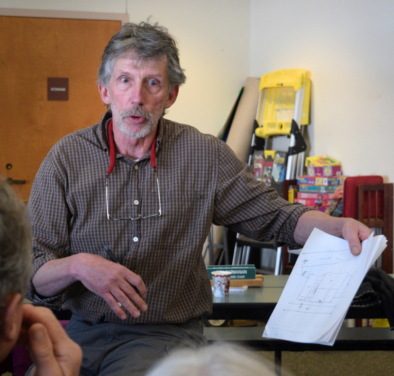 Edgecomb Selectman Mike Smith displays a drawing of what an addition onto the town hall might look like during a special meeting at Edgecomb Eddy School on Saturday, Dec. 7. (Jessica Clifford photo)