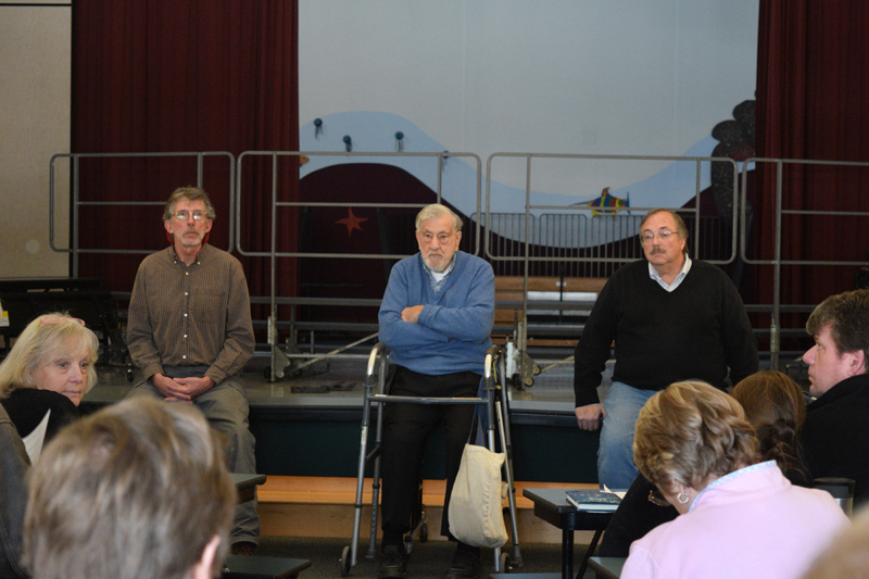 The Edgecomb Board of Selectmen takes questions at the end of a special meeting at Edgecomb Eddy School on Saturday, Dec. 7. From left: Mike Smith, Chair Jack Sarmanian, and Ted Hugger. (Jessica Clifford photo)