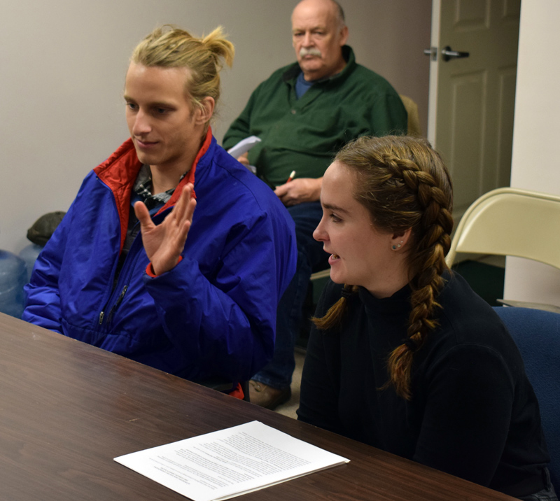 Jojo Martin and Riley Stevenson, of the Lincoln Academy Climate Action Club, present a climate emergency resolution to the Newcastle Board of Selectmen on Monday, Dec. 2. (Evan Houk photo)