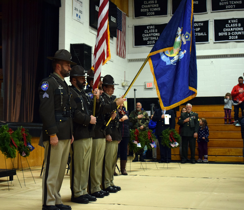 The Lincoln County Sheriff's Office color guard helps open the ceremony for the Wreaths Across America convoy at Lincoln Academy on Sunday, Dec. 8. (Evan Houk photo)