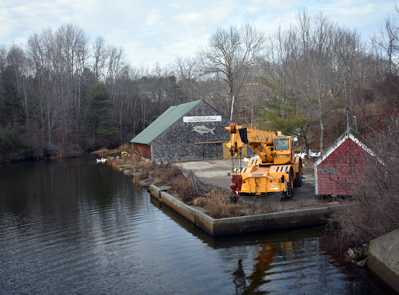 Construction equipment on-site at the Damariscotta Mills Fish Ladder in Nobleboro. Contractors are replacing a concrete walkway at the base of the ladder. (Alexander Violo photo)