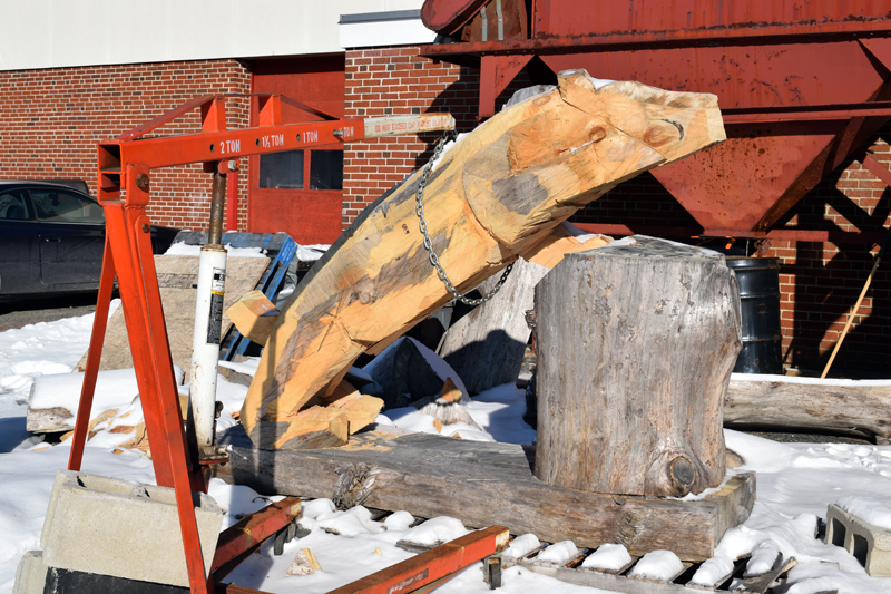 The Wolverine sculpture in progress earlier this month. When complete, it will show a wolverine with one paw on a boulder, as if it is climbing over it. (Jessica Clifford photo)