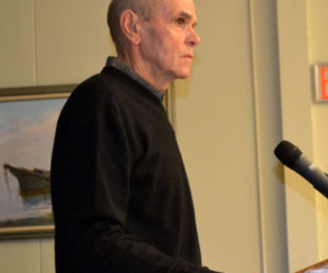 Stephen Barndollar, a partner in the development group that owns the former Wiscasset Primary School, presents a proposal to redevelop the property to the Wiscasset Planning Board on Monday, Dec. 9. (Charlotte Boynton photo)