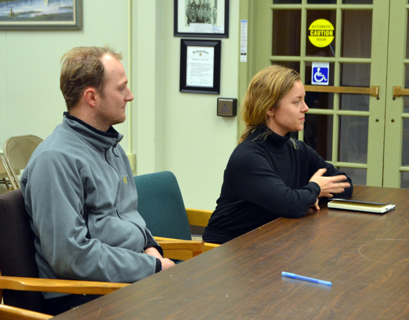 Zack Goodwin (left) and Chandler Sowden present their application to open a wine bar to the Wiscasset Planning Board on Monday, Dec. 23. (Charlotte Boynton photo)