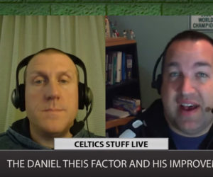 Justin Poulin (left) and Jon Duke discuss the improvement of Boston Celtics center Daniel Theis in a screen grab from a "Celtics Stuff Live" video. "Celtics Stuff Live" is the first and longest-running podcast about the team.