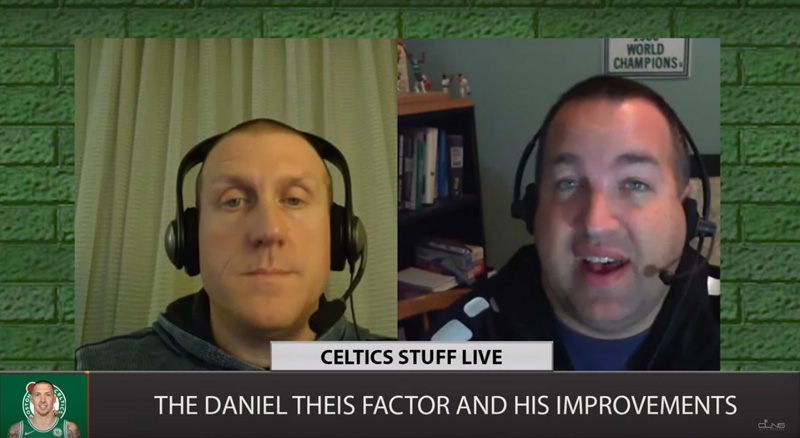 Justin Poulin (left) and Jon Duke discuss the improvement of Boston Celtics center Daniel Theis in a screen grab from a "Celtics Stuff Live" video. "Celtics Stuff Live" is the first and longest-running podcast about the team.