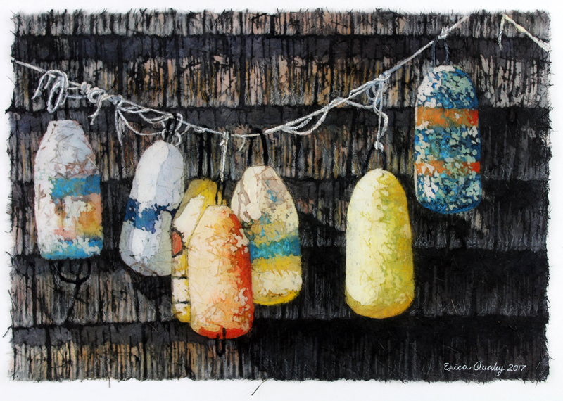 A watercolor batik piece by Erica Qualey, "Retired Buoys."