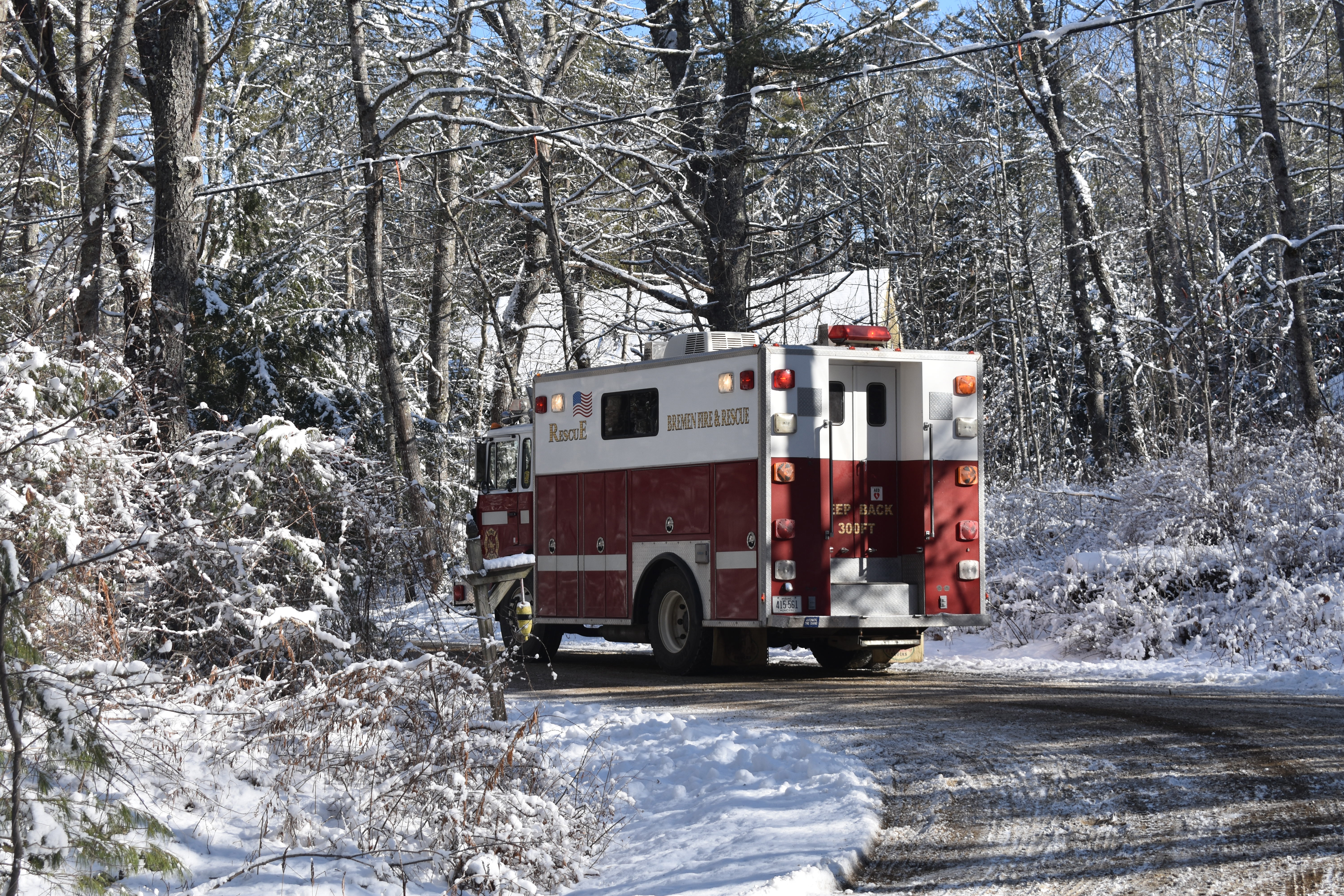 A Bremen rescue vehicle waits near Biscay Pond after a snowmobiler went through the ice the morning of Friday, Jan. 17. (Alexander Violo photo)