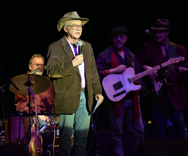 Larry Sidelinger, the president of Lincoln County Television, introduces the group of Maine musicians who performed a reenactment of the famous concert film "The Last Waltz" at Lincoln Theater on Sunday, Jan. 12. The concert was a benefit for the Newcastle-based public access station. (Evan Houk photo)