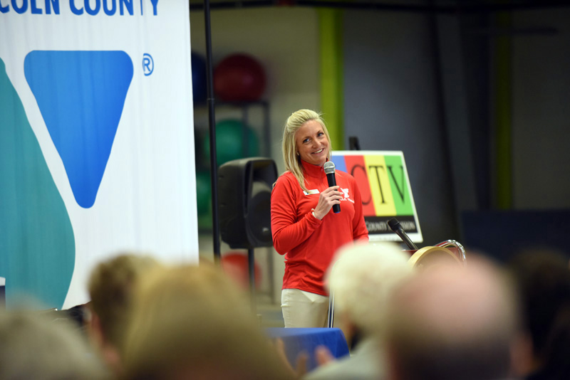 Central Lincoln County YMCA CEO Meagan Hamblett speaks at the beginning of a grand reopening ceremony April 29, 2018. Hamblett will resign effective Jan. 31 to start a new position with the YMCA Alliances of Maine and New Hampshire/Vermont. (Jessica Picard photo, LCN file)